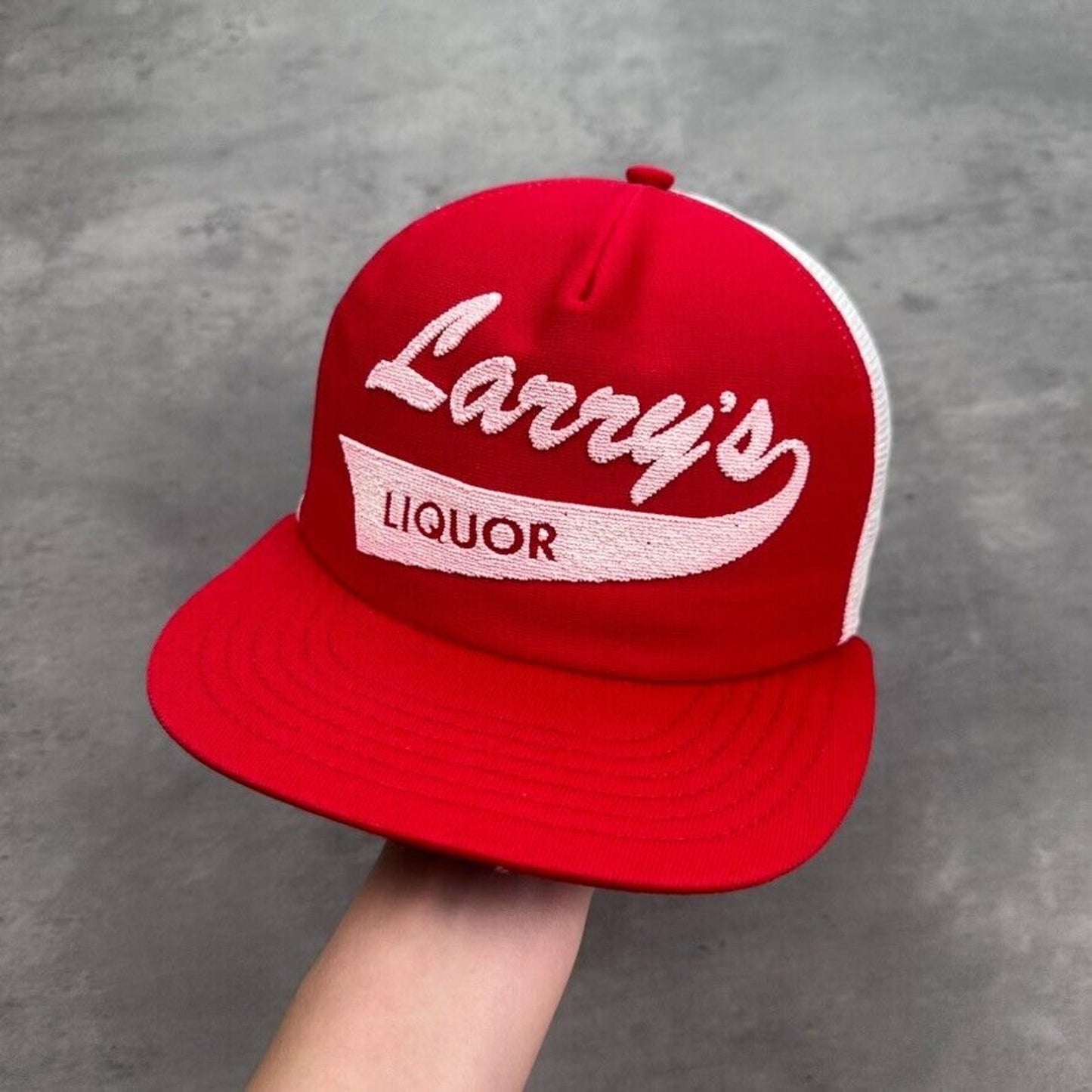 Vintage Larry's Liquor Cursive Script Puff Print Hat