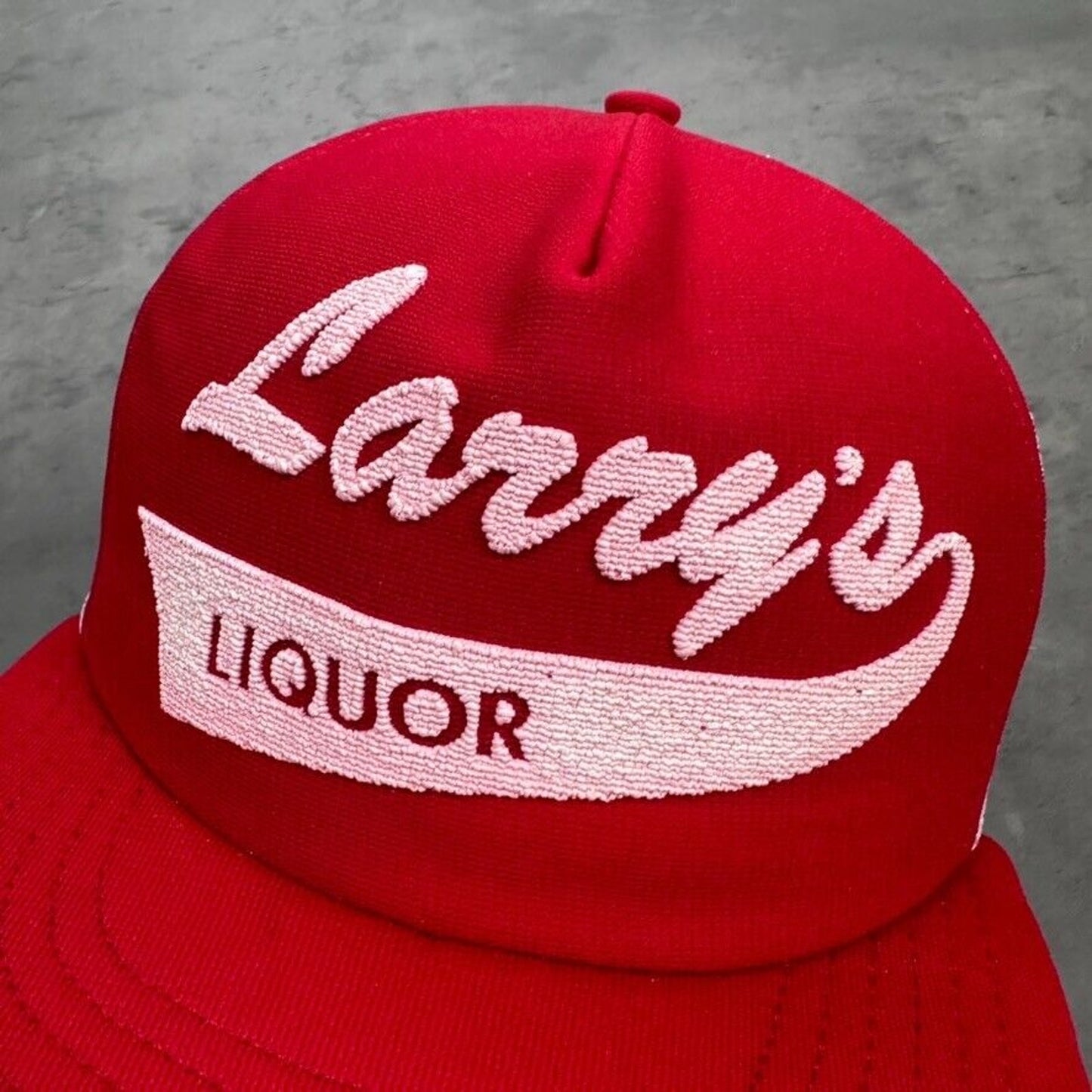 Vintage Larry's Liquor Cursive Script Puff Print Hat