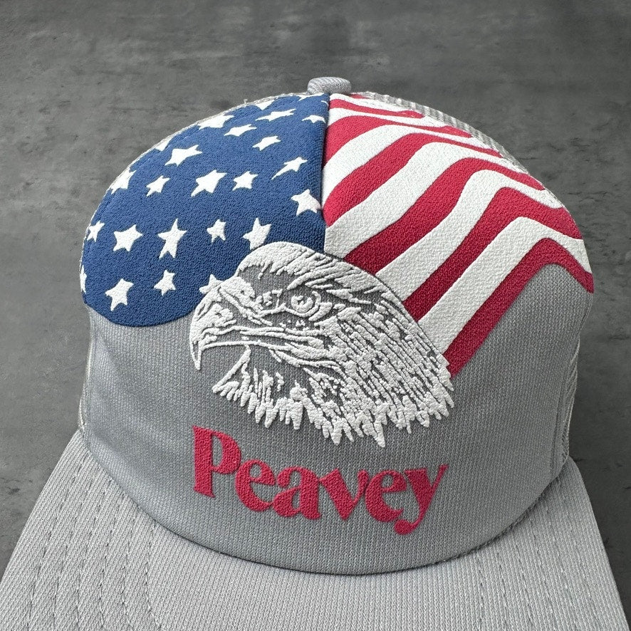 Vintage Peavey Industries Canada American Flag Eagle Gray Trucker Hat