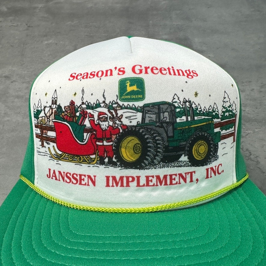 Vintage John Deere Season's Greetings Christmas Janssen Implement Trucker Hat