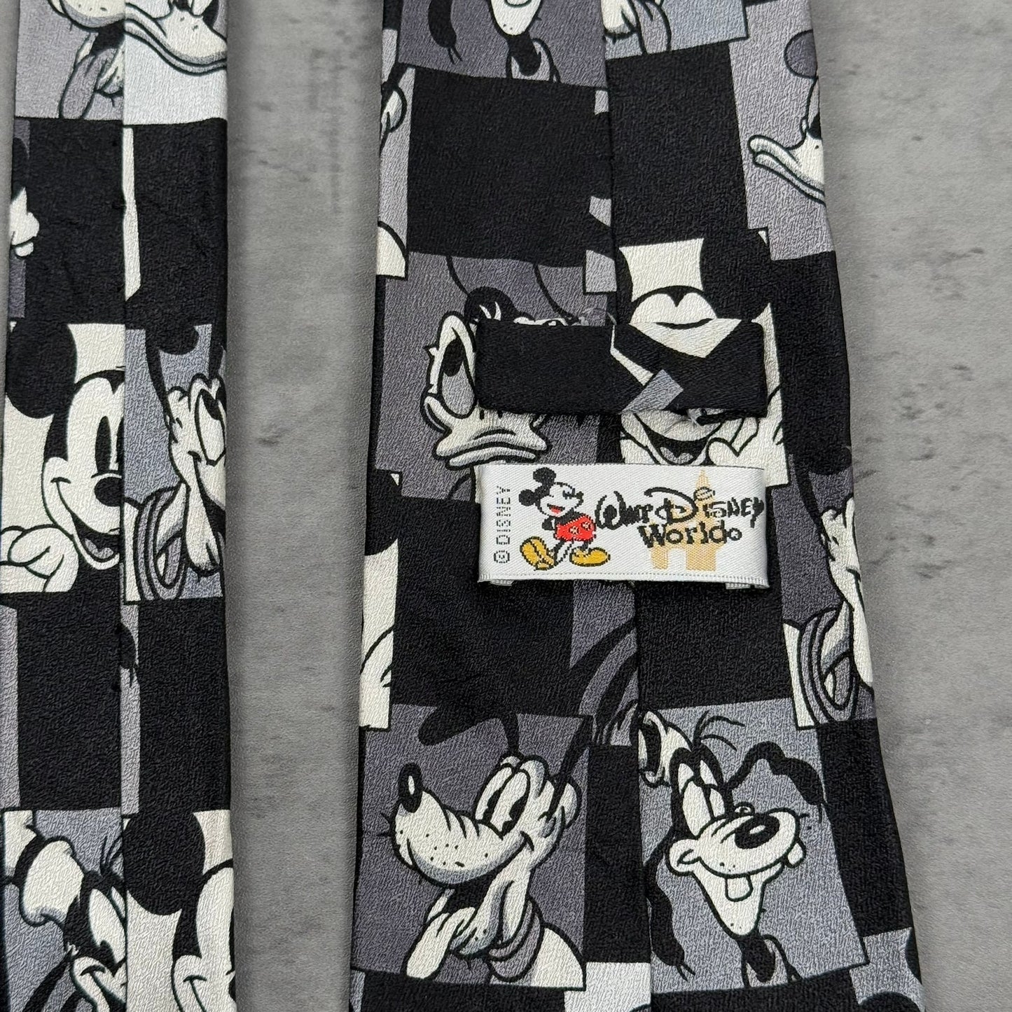 Vintage Walt Disney World Silk Monochrome Mickey Goofy Donald Tie