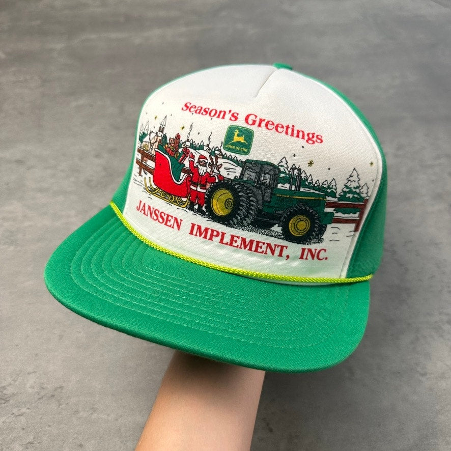 Vintage John Deere Season's Greetings Christmas Janssen Implement Trucker Hat