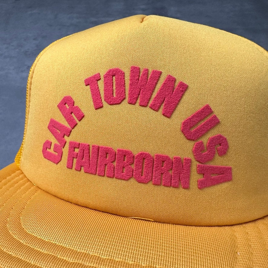 Vintage Car Town USA Fairborn Yellow Puff Print Trucker Hat