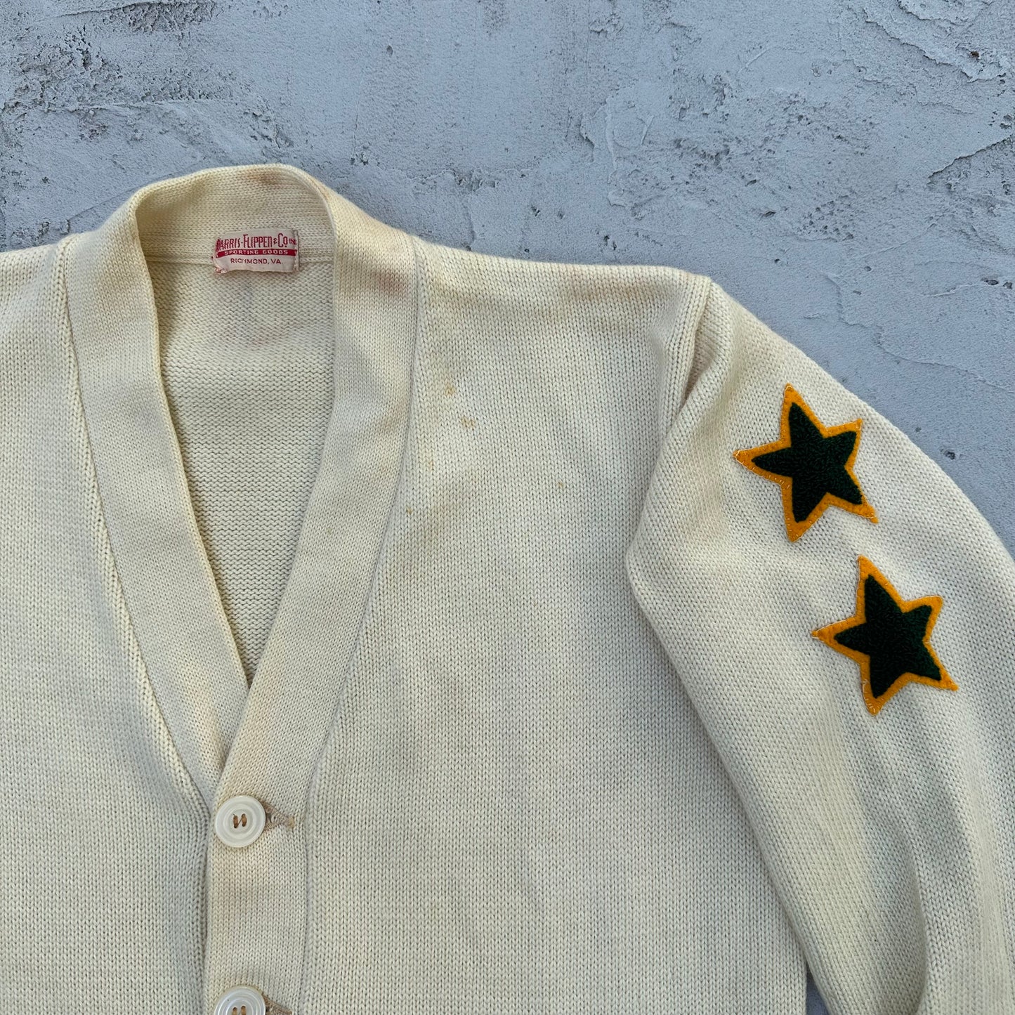 Vintage Letterman Cardigan Sweater Cream Stars - M
