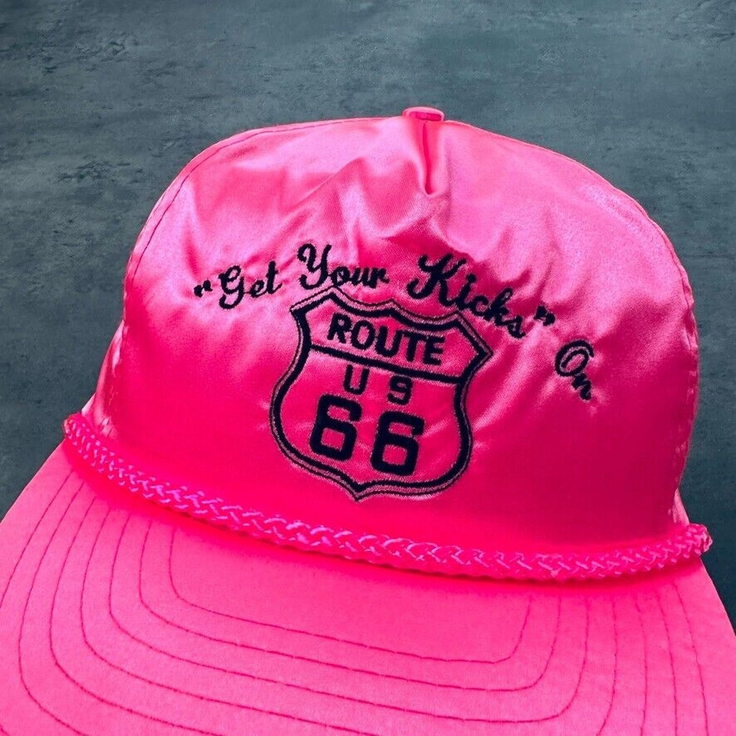 Vintage Get Your Kicks On Route 66 Pink Satin Hat