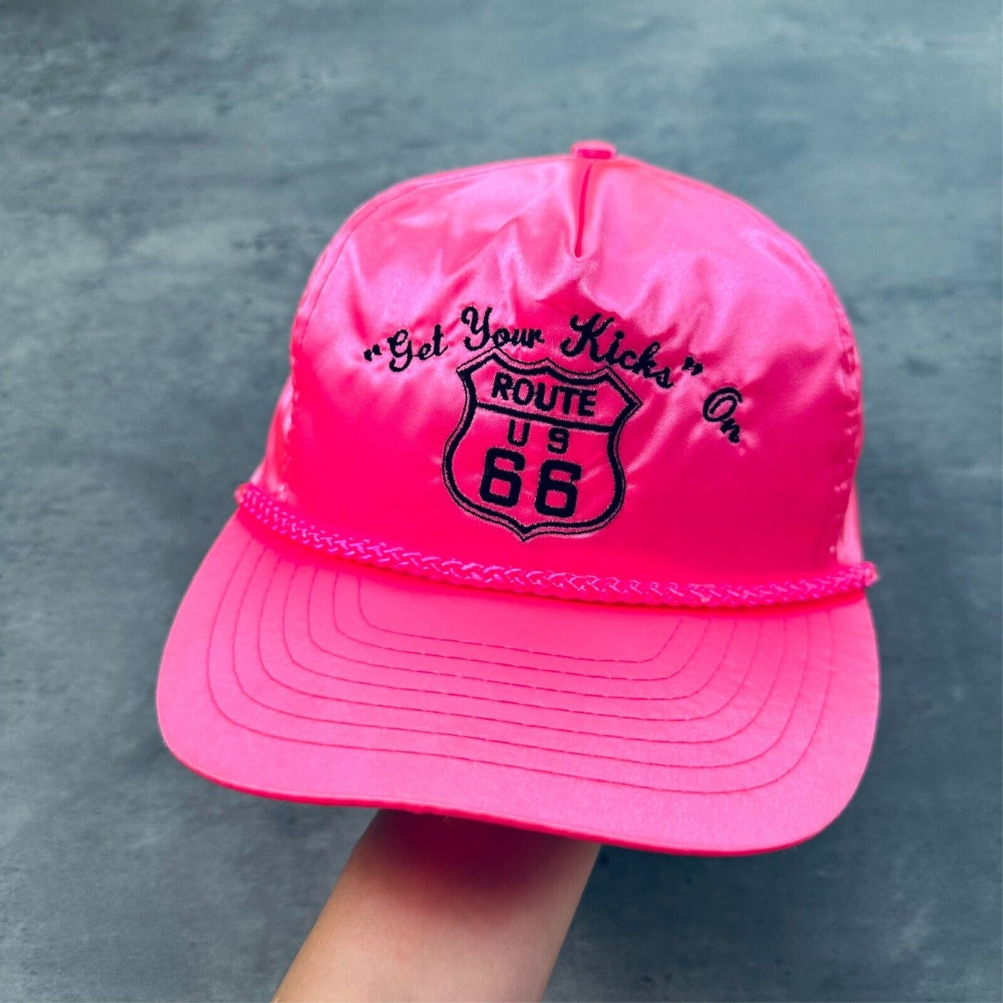 Vintage Get Your Kicks On Route 66 Pink Satin Hat